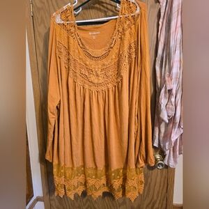 Roaman's Mustard Crochet Yoke Tunic